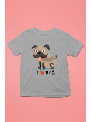Darkhane Palabıyıklı Pug - Baskılı Unisex Gri Melanj Çocuk Tişört - T-Shirt CT006