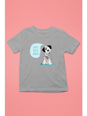 Darkhane Seni Çok Özledim Dalmaçyalı -Baskılı Unisex Gri Melanj Çocuk Tişört - T-Shirt CT006