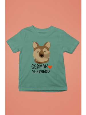 Darkhane Sevimli Alman Kurdu -Baskılı Unisex Su Yeşili Çocuk Tişört - T-Shirt CT001
