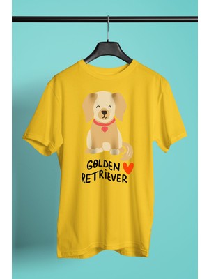 Darkhane Sevimli Golden Retriever -Baskılı Unisex Sarı Tişört - T-Shirt UT004