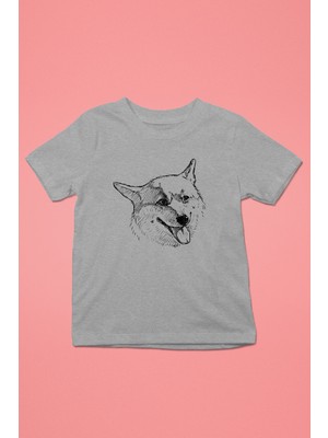 Darkhane Sibirya Kurdu Husky Haski Eskizi -Baskılı Unisex Gri Melanj Çocuk Tişört - T-Shirt CT006
