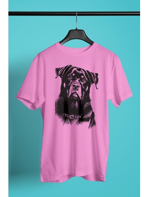 Darkhane Siyah Beyaz Rottweiler -Baskılı Unisex Pembe Tişört - T-Shirt UT002