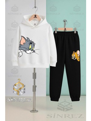 Çocuk Unısex Tom ve Jerry Kafalar Yanda Kapşonlu Eşofman Takımı