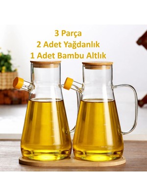 Back Sıne Bambu Kapaklı ve Bambu Altlıklı Borosilikat Cam Yağlık Sirkelik - 3 Lü Set - 2 Adet Yağdanlık ve 1ADET Bambu Stand