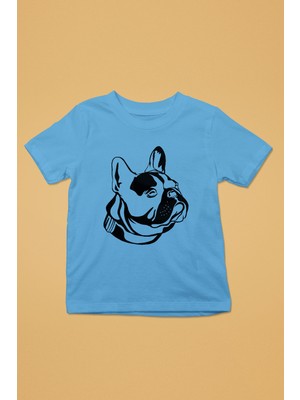 Darkhane Fransız Bulldog - Baskılı Unisex Turkuaz Çocuk Tişört - T-Shirt CT003