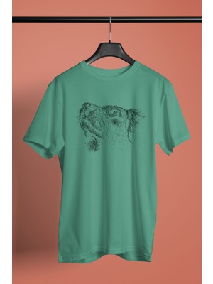 Darkhane Golden Retriever Eskiz - Baskılı Unisex Su Yeşili Tişört - T-Shirt UT001