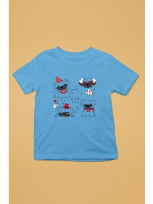 Darkhane Huysuz Parti Canavarı Pug -Baskılı Unisex Turkuaz Çocuk Tişört - T-Shirt CT003