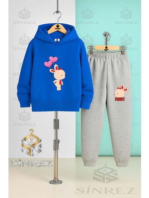 Çocuk Unısex Tavsan Kalp Balon Arkada Baskılı Kapşonlu Eşofman Takımı