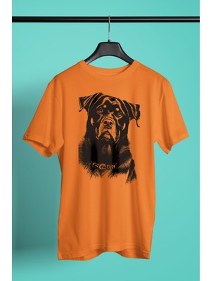 Darkhane Siyah Beyaz Rottweiler -Baskılı Unisex Turuncu Tişört - T-Shirt UT005