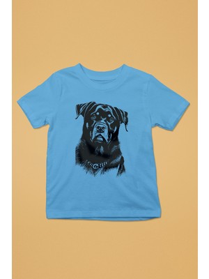 Darkhane Siyah Beyaz Rottweiler -Baskılı Unisex Turkuaz Çocuk Tişört - T-Shirt CT003
