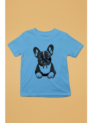 Darkhane Siyah French Buldog -Baskılı Unisex Turkuaz Çocuk Tişört - T-Shirt CT003