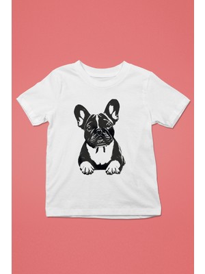 Darkhane Siyah French Buldog -Baskılı Unisex Beyaz Çocuk Tişört - T-Shirt CT007