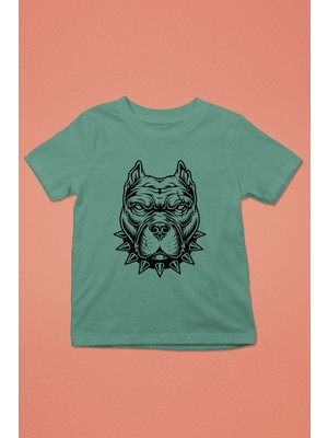 Darkhane Tasmalı Pitbull -Baskılı Unisex Su Yeşili Çocuk Tişört - T-Shirt CT001
