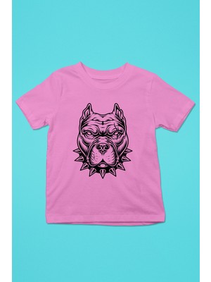 Darkhane Tasmalı Pitbull -Baskılı Unisex Pembe Çocuk Tişört - T-Shirt CT002