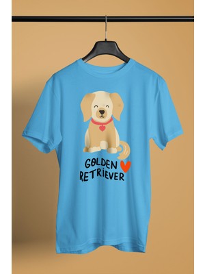 Darkhane Sevimli Golden Retriever -Baskılı Unisex Turkuaz Tişört - T-Shirt UT003