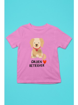 Darkhane Sevimli Golden Retriever -Baskılı Unisex Pembe Çocuk Tişört - T-Shirt CT002