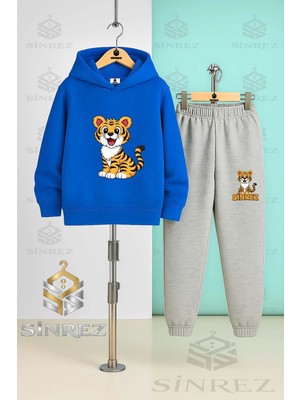 Çocuk Unısex Kaplan Oturan Baskılı Kapşonlu Eşofman Takımı