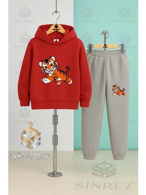 Çocuk Unısex Kaplan Cızım Sevımlı Kapşonlu Eşofman Takımı