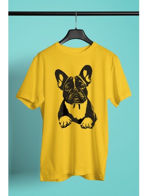 Darkhane Siyah French Buldog -Baskılı Unisex Sarı Tişört - T-Shirt UT004