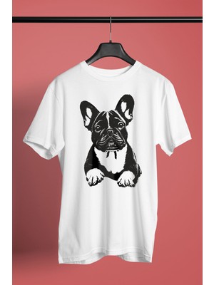 Darkhane Siyah French Buldog -Baskılı Unisex Beyaz Tişört - T-Shirt UT007