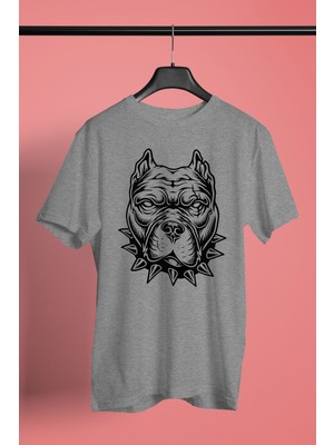 Darkhane Tasmalı Pitbull -Baskılı Unisex Gri Tişört - T-Shirt UT006