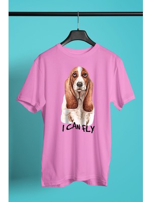 Darkhane Uçabilirim Base Basset Hound -Baskılı Unisex Pembe Tişört - T-Shirt UT002