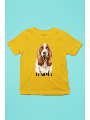 Darkhane Uçabilirim Base Basset Hound -Baskılı Unisex Sarı Çocuk Tişört - T-Shirt CT004