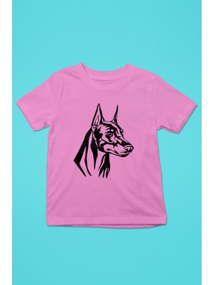 Darkhane Doberman Silüeti - Baskılı Unisex Pembe Çocuk Tişört - T-Shirt CT002