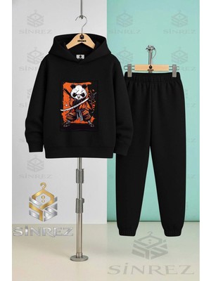 Çocuk Unısex Panda Nınja Kılıclı Nota Kapşonlu Eşofman Takımı