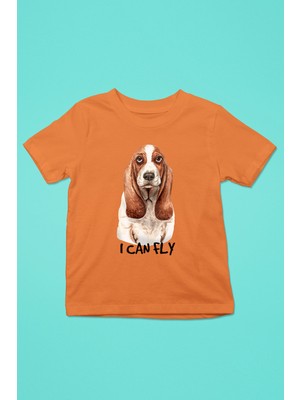 Darkhane Uçabilirim Base Basset Hound -Baskılı Unisex Turuncu Çocuk Tişört - T-Shirt CT005