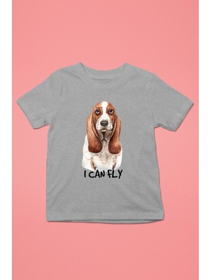 Darkhane Uçabilirim Base Basset Hound -Baskılı Unisex Gri Melanj Çocuk Tişört - T-Shirt CT006