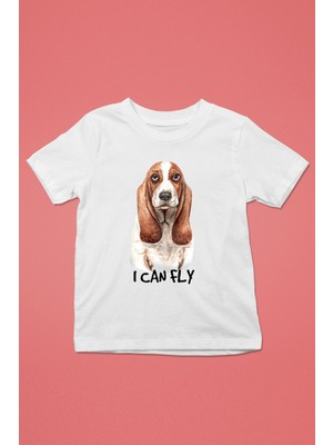 Darkhane Uçabilirim Base Basset Hound -Baskılı Unisex Beyaz Çocuk Tişört - T-Shirt CT007