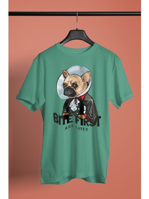 Darkhane Vampir Bulldog -Baskılı Unisex Su Yeşili Tişört - T-Shirt UT001