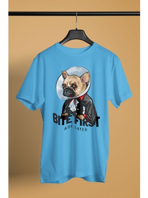 Darkhane Vampir Bulldog -Baskılı Unisex Turkuaz Tişört - T-Shirt UT003