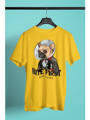Darkhane Vampir Bulldog -Baskılı Unisex Sarı Tişört - T-Shirt UT004
