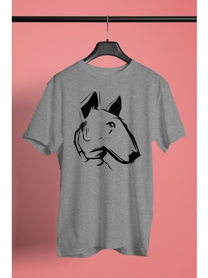 Darkhane Çizim Bull Teriyer -Baskılı Unisex Gri Tişört - T-Shirt UT006