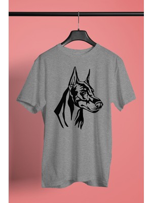 Darkhane Doberman Silüeti - Baskılı Unisex Gri Tişört - T-Shirt UT006