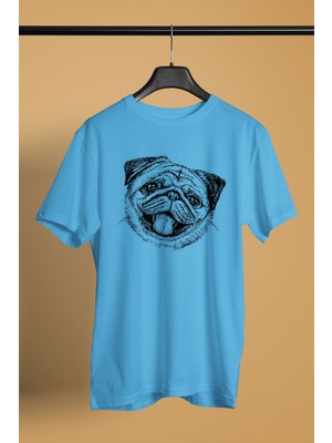 Darkhane Gülen Pug - Baskılı Unisex Turkuaz Tişört - T-Shirt UT003