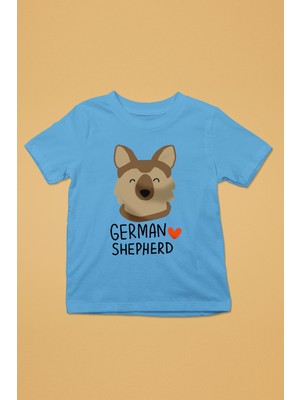 Darkhane Sevimli Alman Kurdu -Baskılı Unisex Turkuaz Çocuk Tişört - T-Shirt CT003