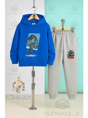 Çocuk Unısex Dınazor Turkuaz Tuval Kapşonlu Eşofman Takımı