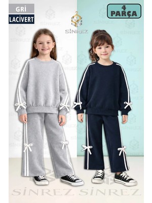 Kız Çocuk Sıfır Yaka Kurdeleli Fiyonk Detaylı 2lı Eşofman Takımı