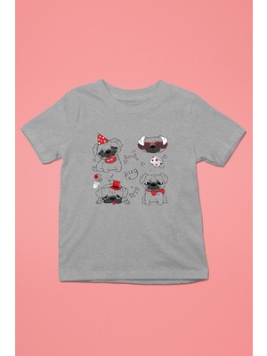 Darkhane Huysuz Parti Canavarı Pug -Baskılı Unisex Gri Melanj Çocuk Tişört - T-Shirt CT006