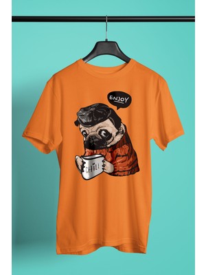 Darkhane Kahve Seven Pug - Baskılı Unisex Turuncu Tişört - T-Shirt UT005