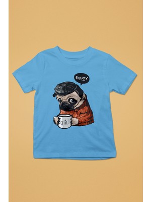 Darkhane Kahve Seven Pug - Baskılı Unisex Turkuaz Çocuk Tişört - T-Shirt CT003