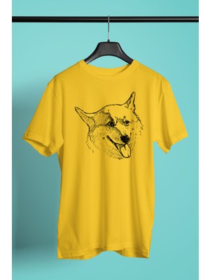 Darkhane Sibirya Kurdu Husky Haski Eskizi -Baskılı Unisex Sarı Tişört - T-Shirt UT004