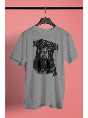 Darkhane Siyah Beyaz Rottweiler -Baskılı Unisex Gri Tişört - T-Shirt UT006