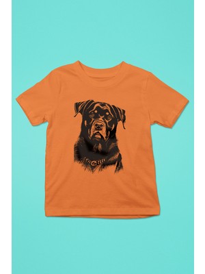 Darkhane Siyah Beyaz Rottweiler -Baskılı Unisex Turuncu Çocuk Tişört - T-Shirt CT005