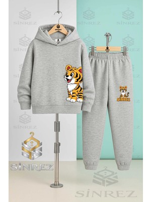 Çocuk Unısex Kaplan Sol Yan Baskılı Kapşonlu Eşofman Takımı
