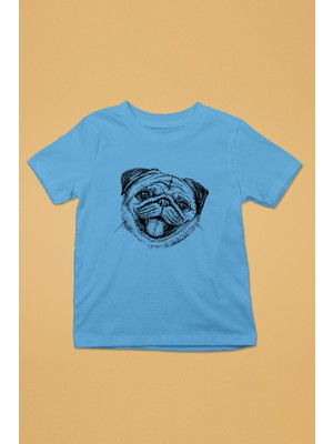 Darkhane Gülen Pug - Baskılı Unisex Turkuaz Çocuk Tişört - T-Shirt CT003
