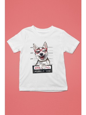 Darkhane Sabıkalı Suçlu Sibirya Kurdu Husky Haski -Baskılı Unisex Beyaz Çocuk Tişört - T-Shirt CT007